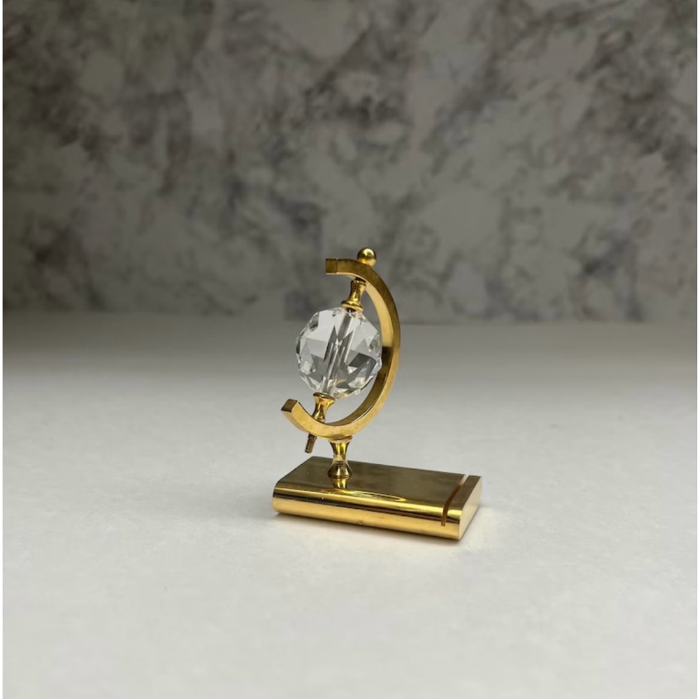 Vintage Brass Business Card Holder With Spinning Crystal Globe /Desk Card Holder